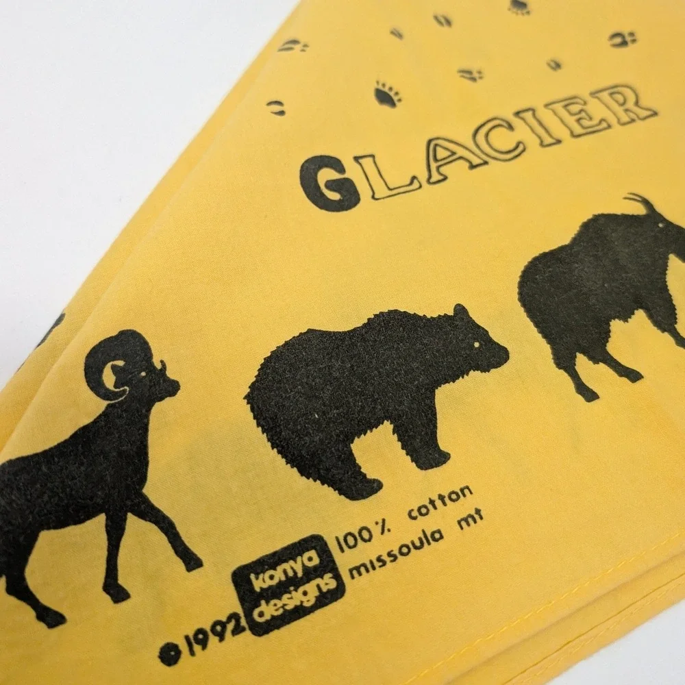 Vintage 1992 Konya Designs Glacier National Park Yellow Cotton Bandana Scarf